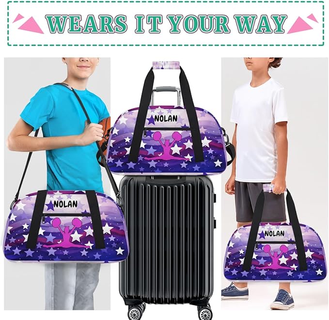 Personalized Cheerleading Bag for Girls Teens, Custom Sports Gym Bag Name Ranked Overnight Duffel Bag for Practice Gymnastics Ballet Bag, Purple Stars Cheer Girls