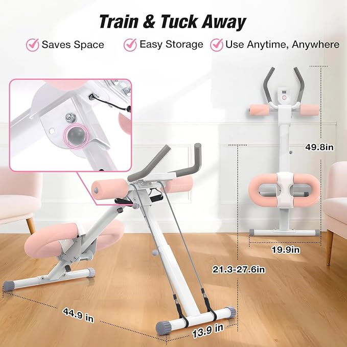 WARMOUNTS Ab Machine, Ab Workout Equipment, Adjustable Core & Ab Trainer Machine with Resistance Bands for Home Gym, Foldable, Knee Protection, Abdominal Exercise Equipment for Stomach Workout (Pink)