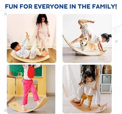 Giggle & Play 36" Wooden Balance Board – Natural Curvy Wobble Board for Kids, Toddlers & Adults, Montessori Rocker Toy, Yoga Trainer for Office, Home, Classroom Use