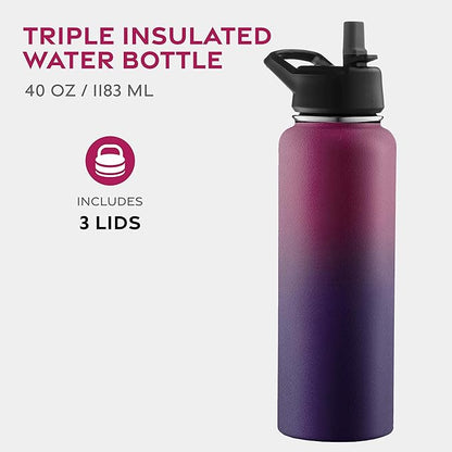FineDine Water Bottle - Stainless Steel Insulated Water Bottle with Straw Lid, Flip Lid & Wide-Mouth Cap - Keeps Hot and Cold - 40 Oz / 1.18L - Dreamy Purple