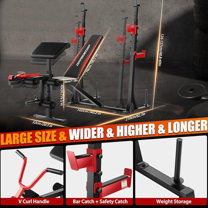 OPPSDECOR Weight Bench Set with Leg Extension and Curl, 900LBS Profesional Bench Press Set and Barbell Rack with Safety Spotter Catches, Preacher Curl Workout Benches for Home Gym