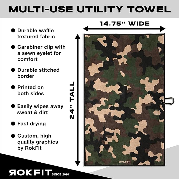 RokFit Gym & Golf Towel – Multi-Use, Quick-Dry, Durable Utility Towel with Bold Graphic and Carabiner Clip (Camo)