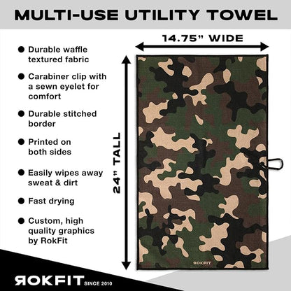 RokFit Gym & Golf Towel – Multi-Use, Quick-Dry, Durable Utility Towel with Bold Graphic and Carabiner Clip (Camo)