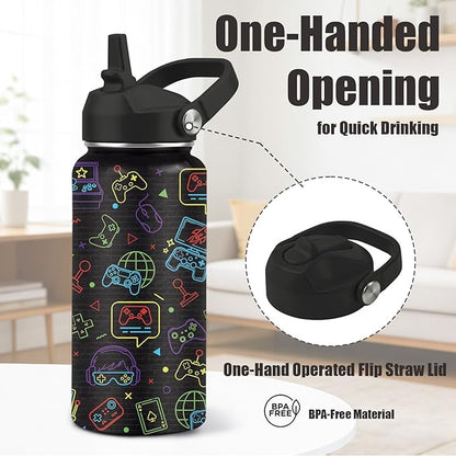 Gamer Water Bottle 32oz - Insulated Stainless Steel with Straw, Leak Proof Lid - Ideal Gaming Gifts for Kids Boys Teens - BPA-Free Sports Bottle for School, Travel & Gaming