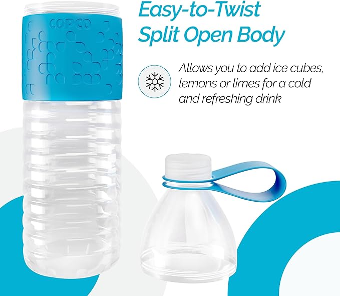 Copco Hydra 20 oz Water Bottle, Set of 2 with Carrying Loop – Leak Proof, BPA Free Tritan, Dishwasher Safe, Twist-Open Body, Non-Slip Silicone Grip, Ideal for Gym, Travel, Office, On-the-Go (Blue)