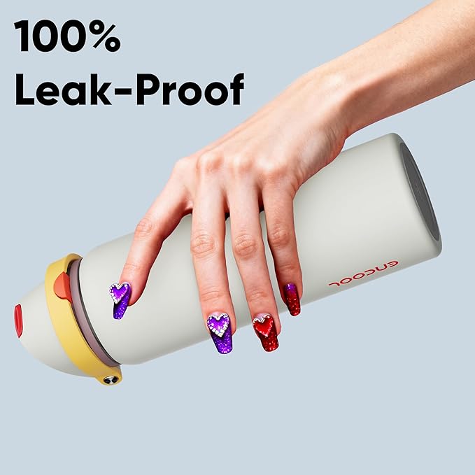 Insulated Water Bottle with Straw - Encool Stainless Steel Water Bottle with Push Button Lid, Leak-Proof & BPA-Free, Keeps Cold for 24 Hours for Sports, Travel, Gym (32 oz, Quill Grey-Red)
