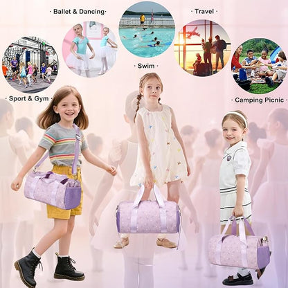 Dance Bag for Girls Corduroy Purple Ballet Dance Bags for Girls 4-6 Toddler Small Duffle Ballerina Bags with Waterproof Dry Wet Separated Compartment