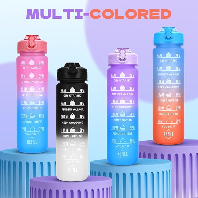 Water Bottle with Straw, 32oz Motivational Water Bottles with Time Marker, LeakProof Tritan BPA Free,Sports Water Bottle with Handle for Women Man Gym Fitness Outdoor (Black)