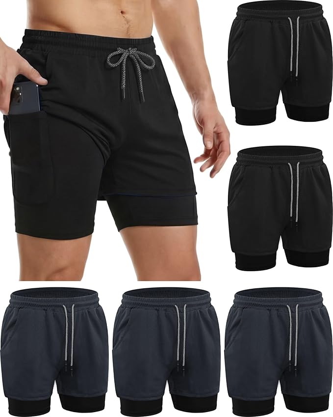 Sureio 6 Pcs Men's 2 in 1 Workout Running Shorts 5" Athletic Gym Shorts with Liner Quick Dry Shorts with Pockets Towel Loop
