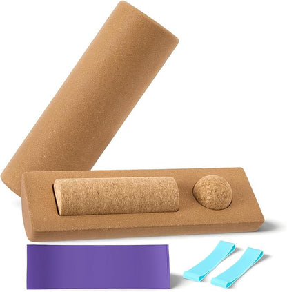 Natural Cork 5 in 1 Balance Board Kit, Foot & Ankle Strengthener with Massage Roller, Ball, Toe & Yoga Resistance Bands, Balance Trainer for Stability, Foot Strength, Pain Relief & Home Fitness