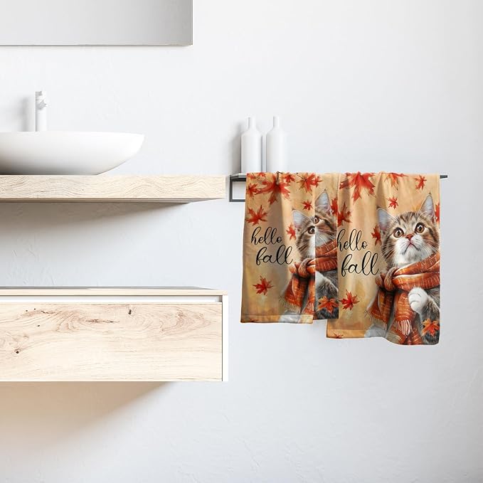 Hello Fall Hand Towel Autumn Cat Maple Leaves Kitchen Towels Set of 2 Soft Absorbent Face Towels Cute Animal Orange Leaves Small Bath Towel for Home Bathroom Hotel Spa Gym 14.4"x 28.3"