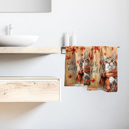 Hello Fall Hand Towel Autumn Cat Maple Leaves Kitchen Towels Set of 2 Soft Absorbent Face Towels Cute Animal Orange Leaves Small Bath Towel for Home Bathroom Hotel Spa Gym 14.4"x 28.3"