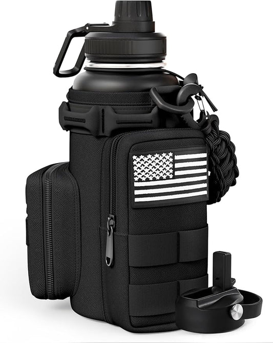 Tactical Water Bottle with Straw, 32 Oz Insulated Water Jug with Molle Water Bottle Holder, Stainless Steel Sport Bottle with 2 BPA Free Lids for Gym Workout Hiking (Black)