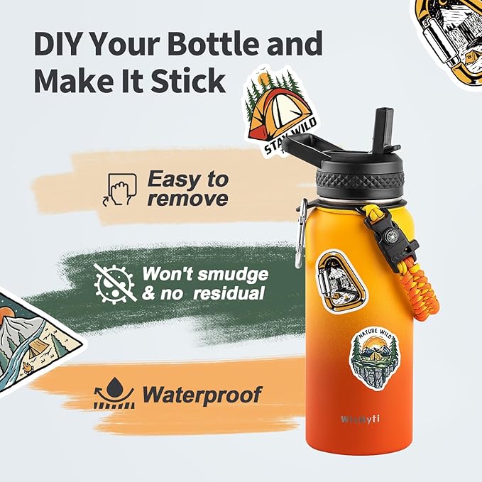 32 oz Insulated Water Bottle with Straw, Stainless Steel Triple Wall Vacuum Sports Water Jug, Leakproof Hydro Cup Flask with Paracord Handle & Straw Spout Lids & DIY Stickers
