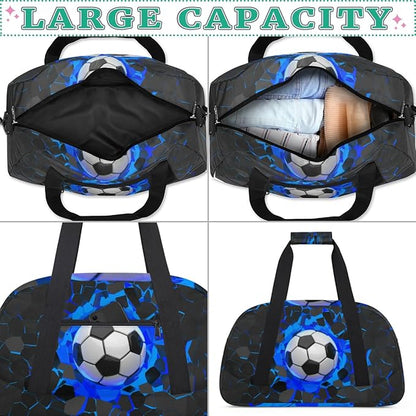 Sports Bag for Kids Boys, Soccer Ball Blue Black Sports Gym Duffel Fitness Bags Travel Weekender Tote Carry-On Training Perform Bag