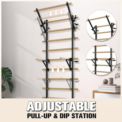 Swedish Ladder Wall Gym, Stall Bar Home Gym with Adjustable Pull-Up Bar, Dip Bar Attachments & 2pcs Resistance Band, 9 Strategic Rods for Core Strengthening and Stretching Balanced for Body Exercise