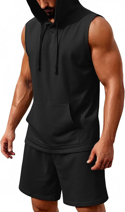 COOFANDY Mens Sleeveless Workout Hoodie Shorts Set 2 Piece Outfits Hooded Tank Tops Gym Tracksuit Sweatsuits