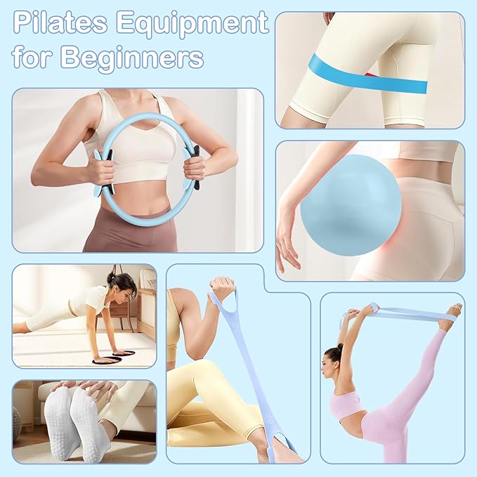 Hoedia 17 PCS Pilates Kit for Women, Pilates Equipment Ring and Ball Set with Resistance Bands, Yoga Strap, Core Sliders, Socks, Bag & Guide for Starter Home Workout Fitness Gym Essentials