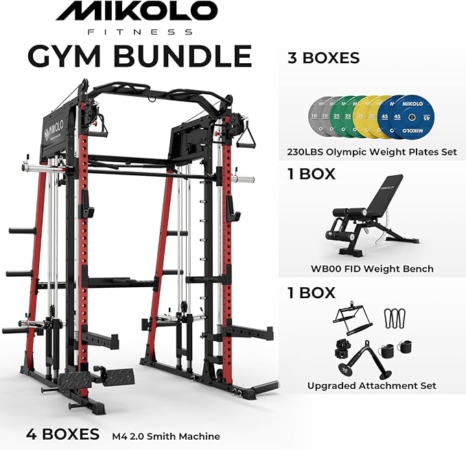 Mikolo M4 2.0 Smith Machine, 2200lbs Squat Rack with LAT-Pull Down System & Cable Crossover Machine, Training Equipment with Leg Hold-Down Attachment