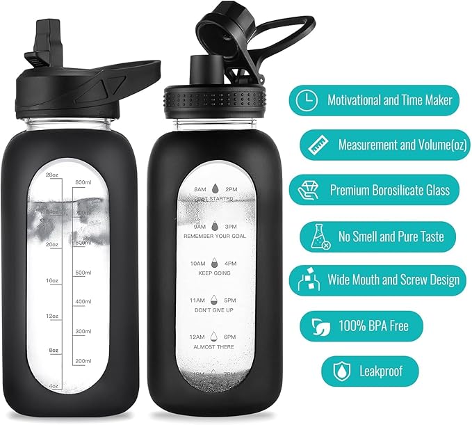 40 oz Glass Water Bottle With Straw and Handle, Sports Motivational Water Jug Flask with Silicone Sleeve, Large Water Cup with Time Marker for Travel, Gym, Black