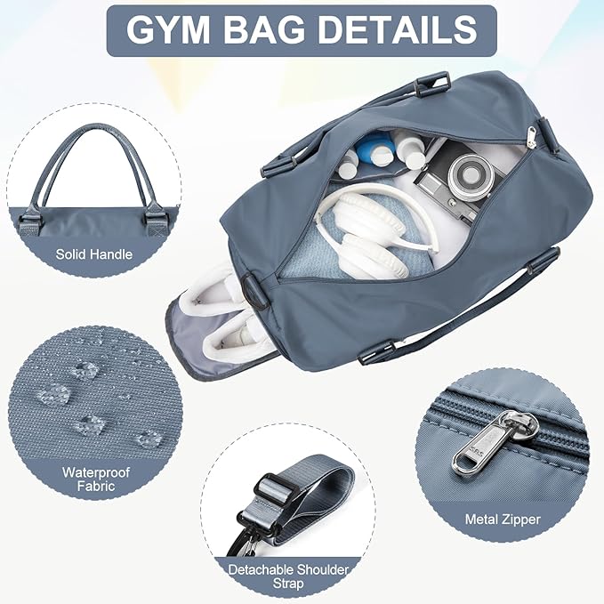 Gym Bag for Women with Shoes Compartment Small Duffel Bag Sport bag with Toiletry Bag Overnight Travel Tote Bags Weekender Carry on Bag Personal Item Bags for Airlines Grey Blue