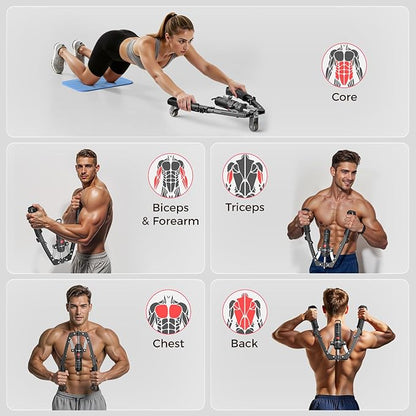 FLYBIRD Chest & Arm Twister & Core Trainer, Hydraulic Power CoreFlex Twister Chest Workout Equipment, 22-440lbs for Strength Trainer, 3-in-1 Chest Trainer with Ab Roller Wheel(Backpack &Pad Included)