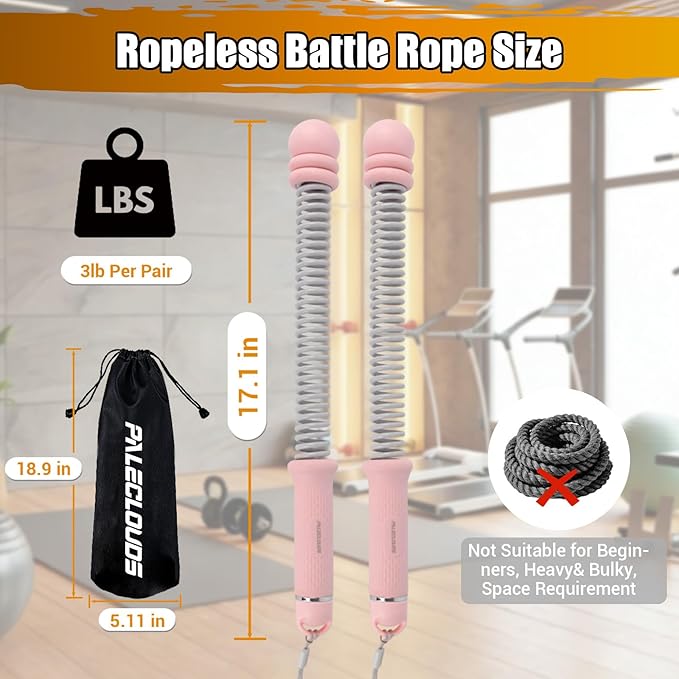 Portable Ropeless Battle Ropes, Adjustable Weights Cordless Battle Ropes for Home Gym with Storage Bag, Weighted Exercise Equipment for Low-Impact Workout, Strength & HIIT, for Men & Women (Pink)
