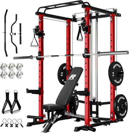 RitFit Multi-Function Garage & Home Gym Package Includes 1200LBS Power Cage PPC03/P3 with Cable Crossover System, Weight Bench, Olympic Barbell Weight Set, Full Body Workout