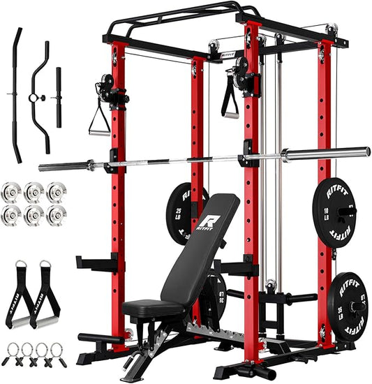 RitFit Multi-Function Garage & Home Gym Package Includes 1200LBS Power Cage PPC03/P3 with Cable Crossover System, Weight Bench, Olympic Barbell Weight Set, Full Body Workout