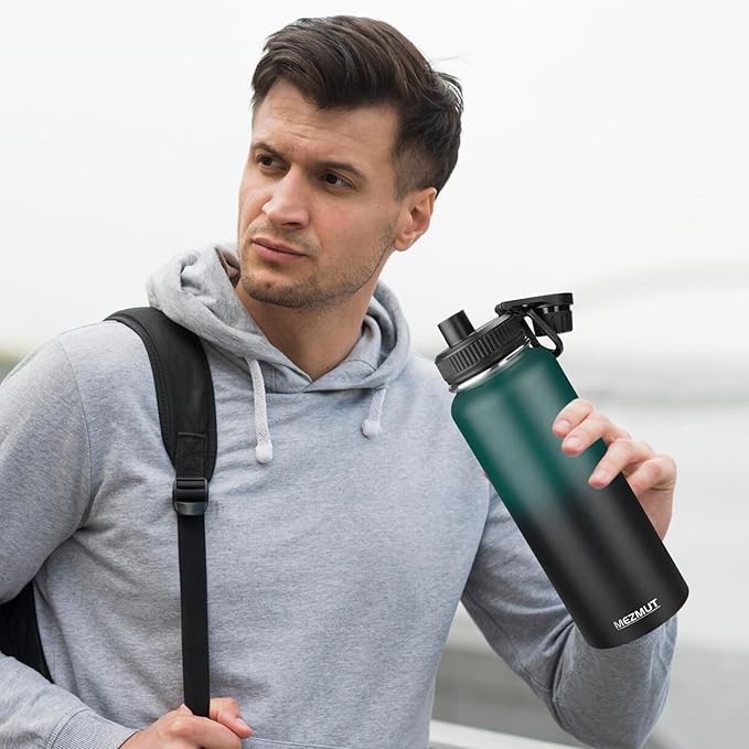 MEZMUT Insulated Water Bottle with Straw&2 Lids 40oz Stainless Steel Water Bottles Metal Water Bottle Double Walled Vacuum Insulated Bottles Thermos Leak-Proof Travel Cup (Gradient Green Black)