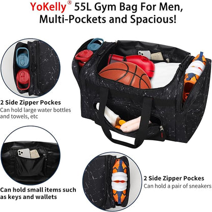 Gym Bag 22 inch Sport Duffle Bag for Men - 55L Weekender Duffel Bag for Travel 22“×12”×13“ - Marble Black