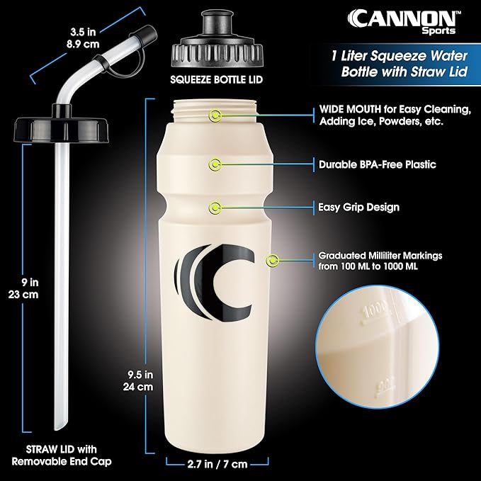 Cannon Sports 1 Liter Sports Water Bottle, BPA-Free, 34oz Capacity, Large Mouth, 2 lids (Straw & Squeeze) with Carrier, Great For Helmet Sports Such As Hockey, Lacrosse, Football, Boxing (Natural)