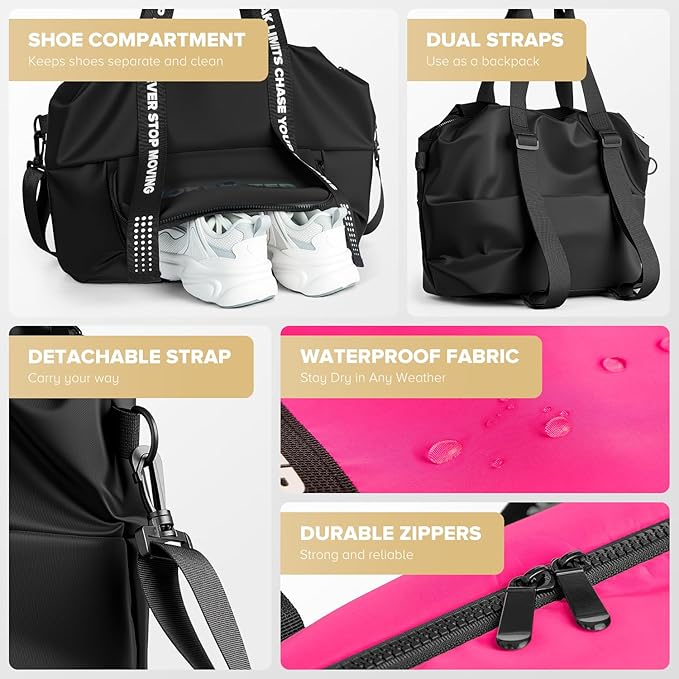 Sport Gym Bag for Women, Carry on Tote Personal Item Bag with Shoes Compartment, Travel Duffle Bag for Girl, Lightweight Overnight Luggage Bag for Travel, Airplanes, Sports - Black