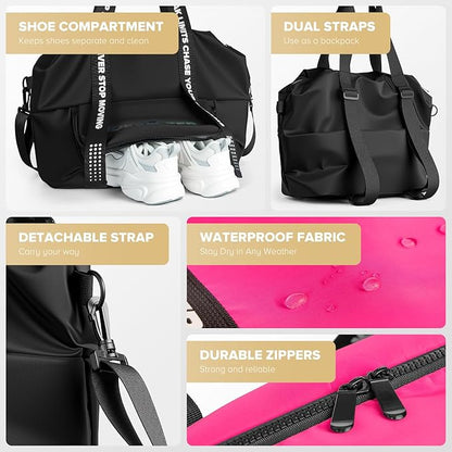 Sport Gym Bag for Women, Carry on Tote Personal Item Bag with Shoes Compartment, Travel Duffle Bag for Girl, Lightweight Overnight Luggage Bag for Travel, Airplanes, Sports - Black