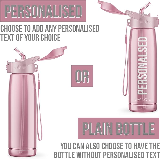 Personalised Water Bottle With Straw 660ml, School Water Bottles Boys Girls, Gym Bottle BPA Free Cycling Sports Add Your Custom Text To Bottle (Pink - Personalized)