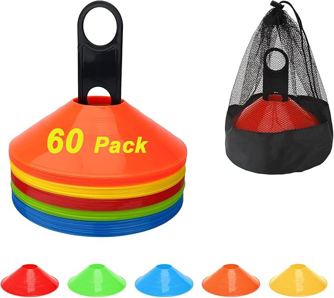 60/120 Pack Soccer Training Cones, Football Sport Cones Training Field Marker Agility Cones with Carry Bag and Holder for Drills, Basketball, Coaching, Practice Equipment, 5 Color