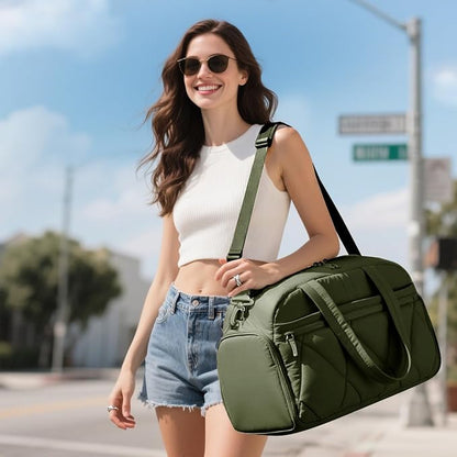 Gym Bag for Women, Puffer Travel Duffle Bag With Shoes Compartment & Wet Pocket, Carry On Tote Bag For Weekender, Overnight, Sport (Green, Large)