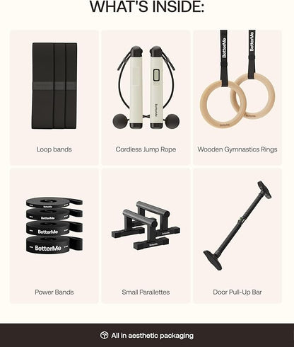 BetterMe Calisthenics Home Studio Kit - Ultimate Home Gym Calisthenics Equipment Kit with Parallettes Resistance Bands Gymnastics Rings Door Pull Up Bar and Jump Rope - At Home Calisthenics Equipment