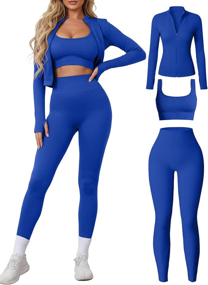Women 3 Piece Seamless Workout Set Sports Bra High Waisted Gym Yoga Leggings Zip Up Jacket with Thumbhole Activewear