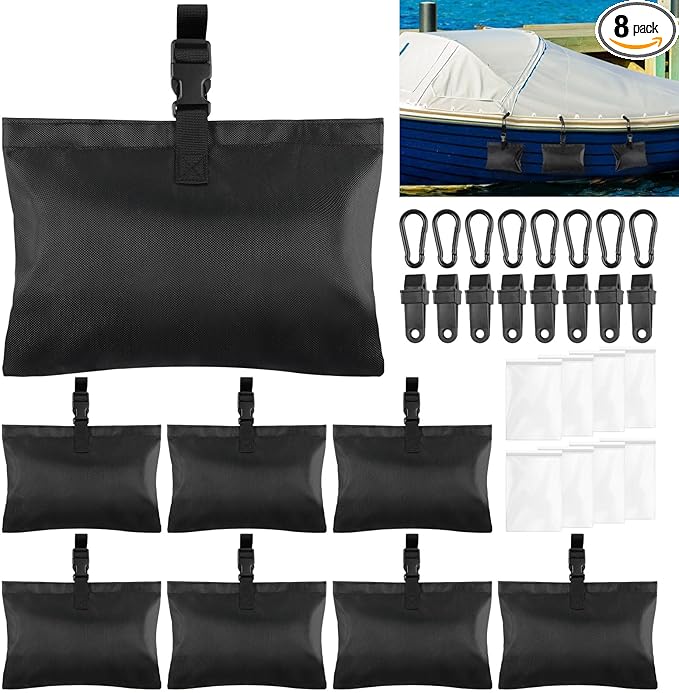 8 Pack Boat Cover Sand Bag Mooring Kit, Weighted Bags for Boat Mooring Covers Car RV, 1680D Marine Grade Sand Bags for Weight, Windproof Weighted Sandbags Tarp Weights Clip Boating Accessories