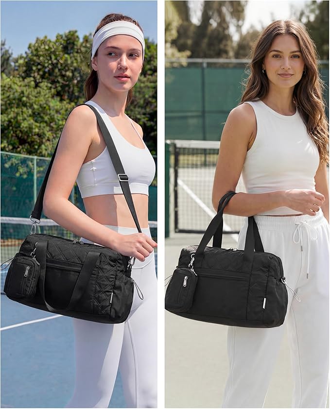 Small Gym Bag for Women, Mini Sports Duffle Bag for Workout Dance Ballet Yoga Gymnastics, Quilted Lightweight Puffer Travel Tote with Detachable Coin Purse & Wet Pocket, Black
