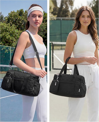 Puffer Gym Bag for Women, Quilted Weekender Bag for Travel, Lightweight Carry on Duffle for Sports Workout Dance Ballet Yoga Gymnastics Hospital with Wet Pocket, Black