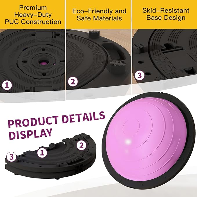 Vtory Foldable Balance Ball, Upgrate Half Ball Balance Trainer, 1300 lbs Capacity Stability Ball, 23.5 Inch Yoga Half Ball, with Resistance Band & Foot Pump, No-slip Blue Pink