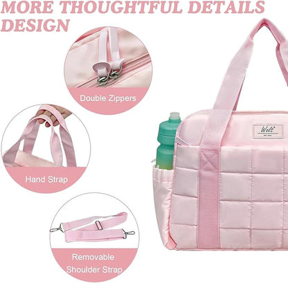 WOLT Small Gym Bag for Women, 14 inch Lightweight Gym Duffle Bag with Wet Compartment Quilted Tote for Sports Workout, Pink
