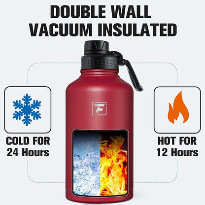 Fanhaw 64 oz Insulated Water Bottle – Large Stainless Steel Jug with 3 Lids (Straw, Spout, Carabiner) | Heavy-Duty, for Camping, Backpacking, Long Hikes & Outdoor Work (Red)