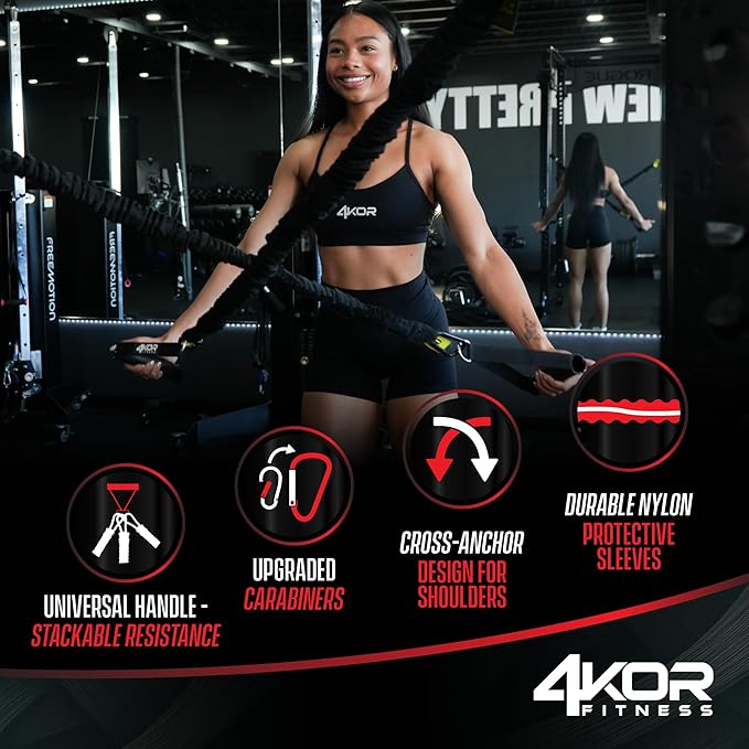 4KOR Deluxe Shoulder and Full Body Cross Anchored Resistance Cord System with Interchangeable Handles, Foot Straps, and Workout Guide. Exercise Bands with Nylon Sleeves, Anchors, and Carry Bag