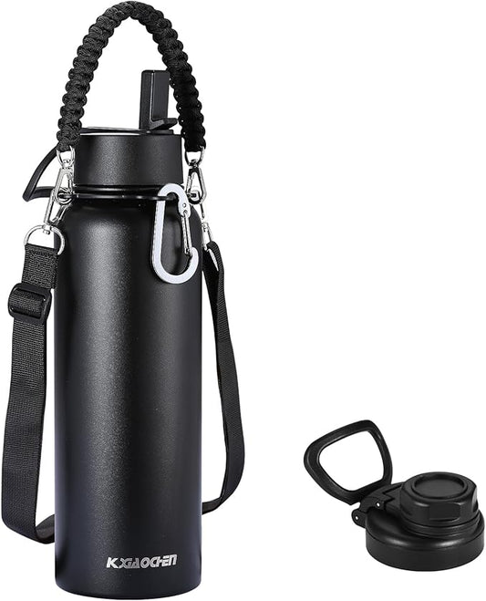 KXIAOCHEN Insulated Water Bottle, Stainless Steel Water Bottle, 2 Lids (Straw and Handle Lid),Wide Mouth Metal Water Bottles Keep Hot and Cold, Double Walled, Thermo Mug, Metal Canteen