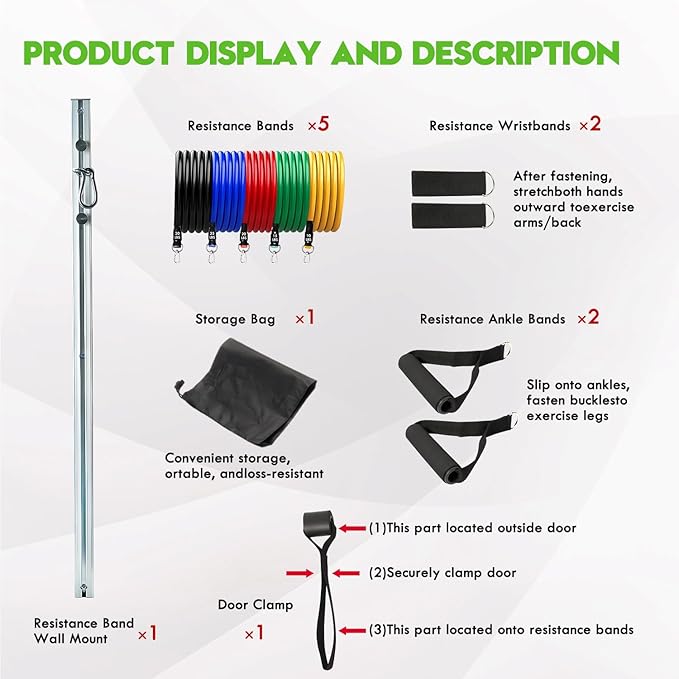 Aluminum Anchor Fitness System for Wall-Mounted - Adjustable with Five Resistance Bands, Resistance Bands Wall Mount for Strength Training, Workout Wall Anchor System