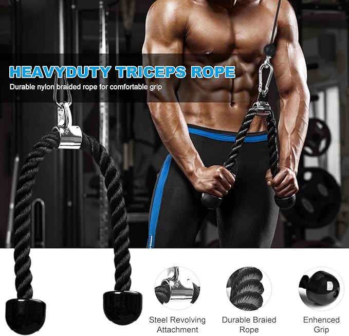 Wall Mounted Pulley System, Low Cable Machine Pulley System for LAT Pulldown, Biceps Curl Home Gym Equipment with Fitness Pull Down Bar, Tricep Rope