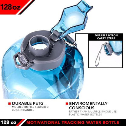 JFIT BPA Free Reusable Sports Water Bottle w/Time Markers, Leakproof Flip-Top Lid & Carry Strap – Durable PETG, 2.28" Wide-Mouth for Ice – Eco-Friendly, Odor-Free & Easy to Clean